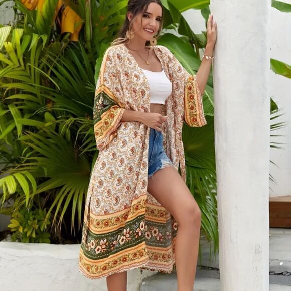 NEW! PLUS Size Boho Pattern Floral Long Belted Kimono Cover Up Beach Bohemian - Picture 2 of 7